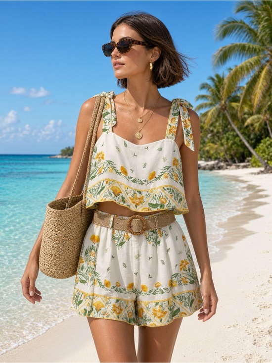 ANTONIO MELANI Pants - NWT Antonio Melani Floral Tie Shoulder Top Shorts Set 10 Yellow Green Belt